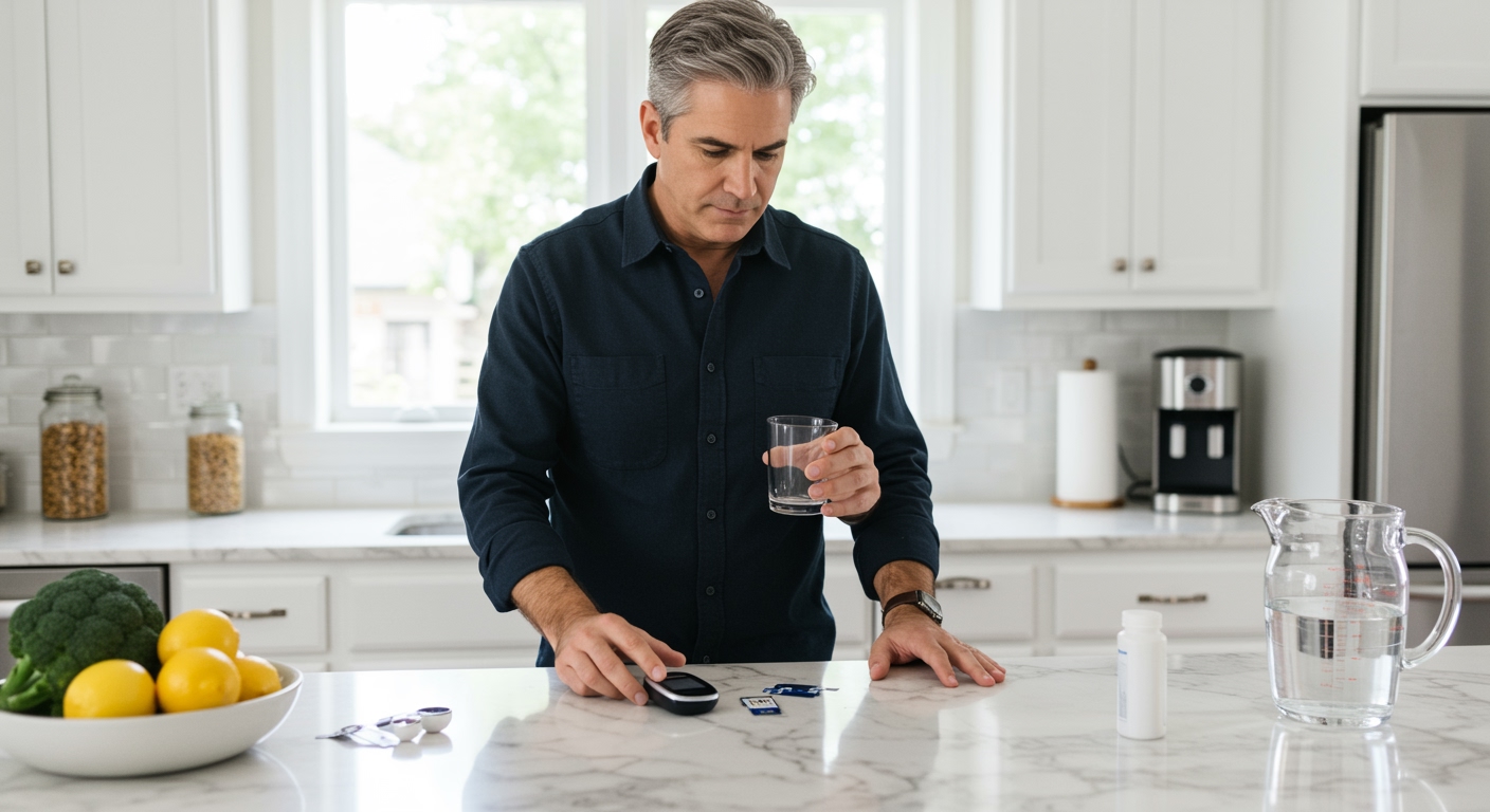 Middle-aged man holding glass tumbler standing behind kitchen counter with blood glucose meter and testing supplies visible