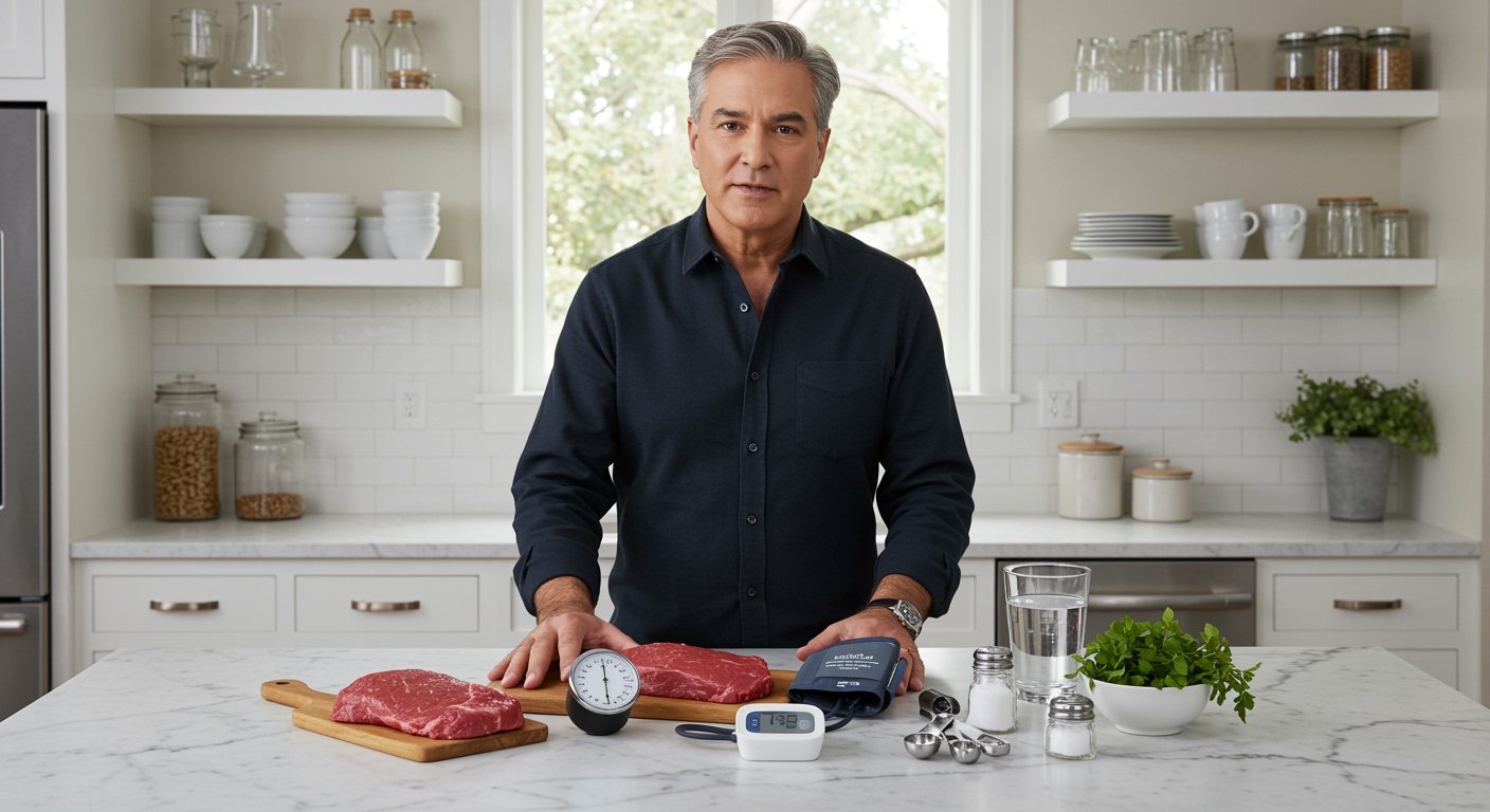 Middle-aged man arranging beef steak, blood pressure monitor, heart model and other health items on white marble counter