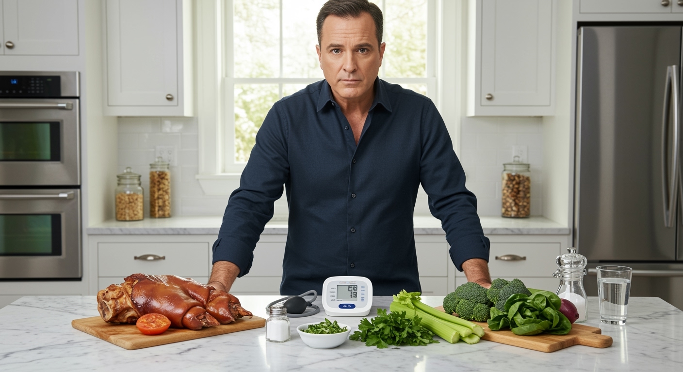 Middle-aged man standing behind marble counter with cooked cow foot, blood pressure monitor, salt shaker, and fresh vegetables