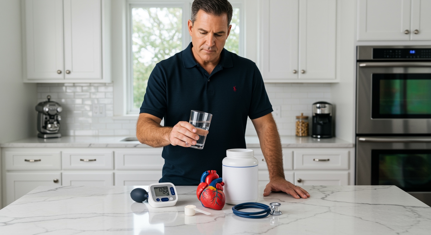 Middle-aged man holding water glass examining creatine powder and blood pressure monitor on white marble kitchen counter