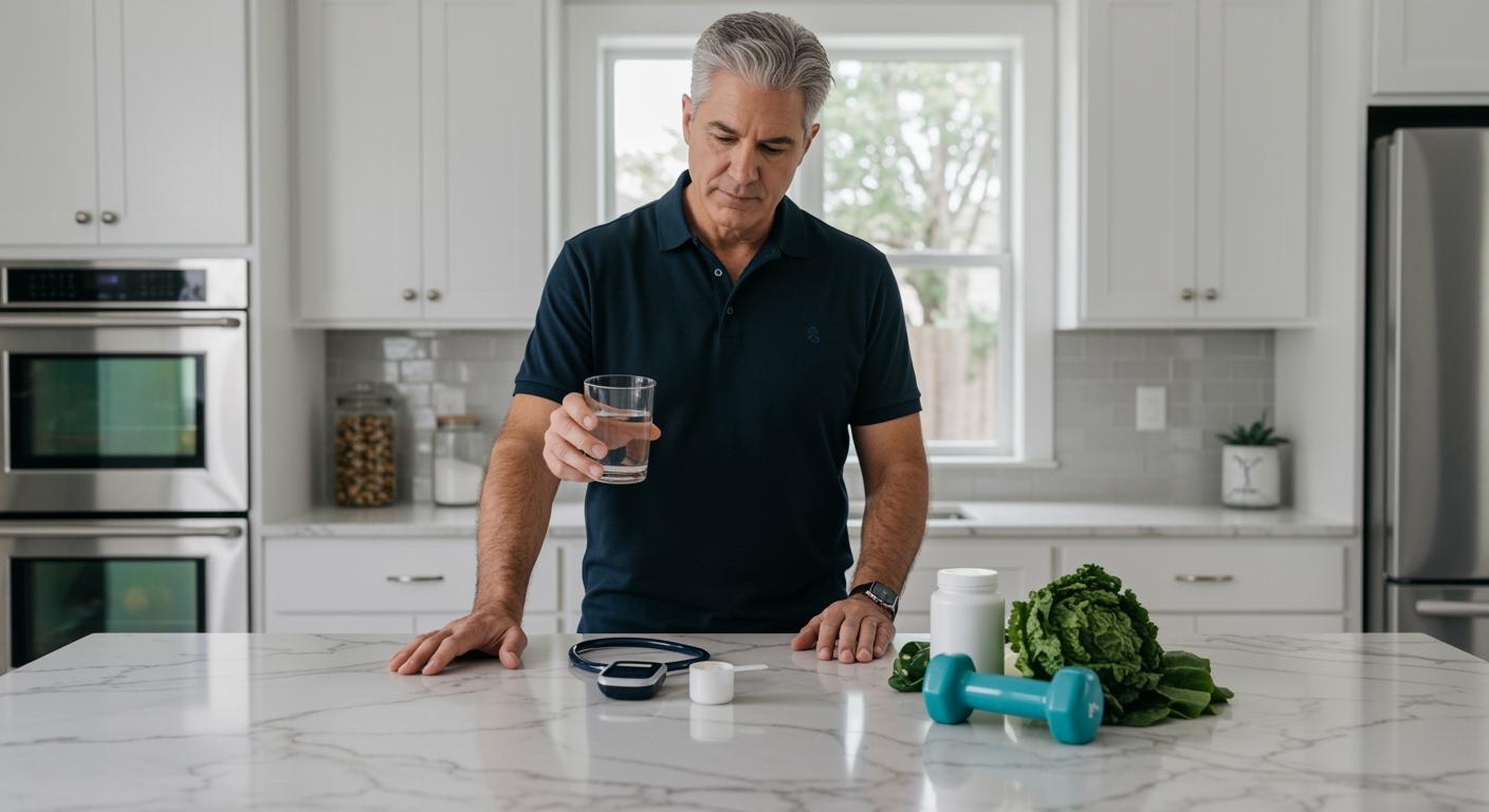 Middle-aged man in dark polo shirt examining water glass while standing behind marble counter with glucose meter and supplements