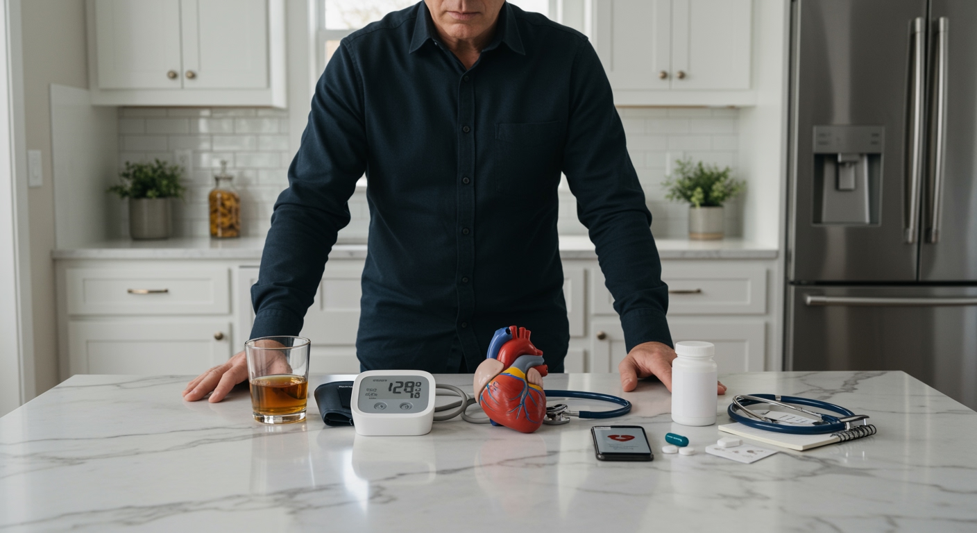 Middle-aged man standing behind marble counter with glass of alcohol, blood pressure monitor, and medical items in modern kitchen