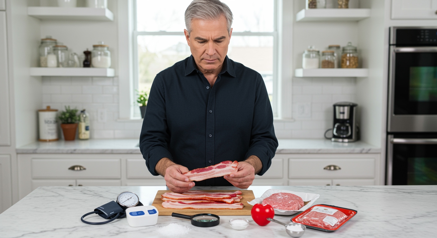 Middle-aged man in dark shirt examining bacon strips with blood pressure monitor and salt visible on marble countertop
