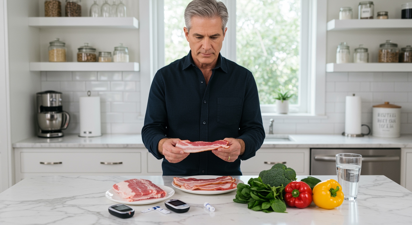 Middle-aged man in dark shirt examining raw bacon strips on white marble counter with diabetes testing supplies and vegetables