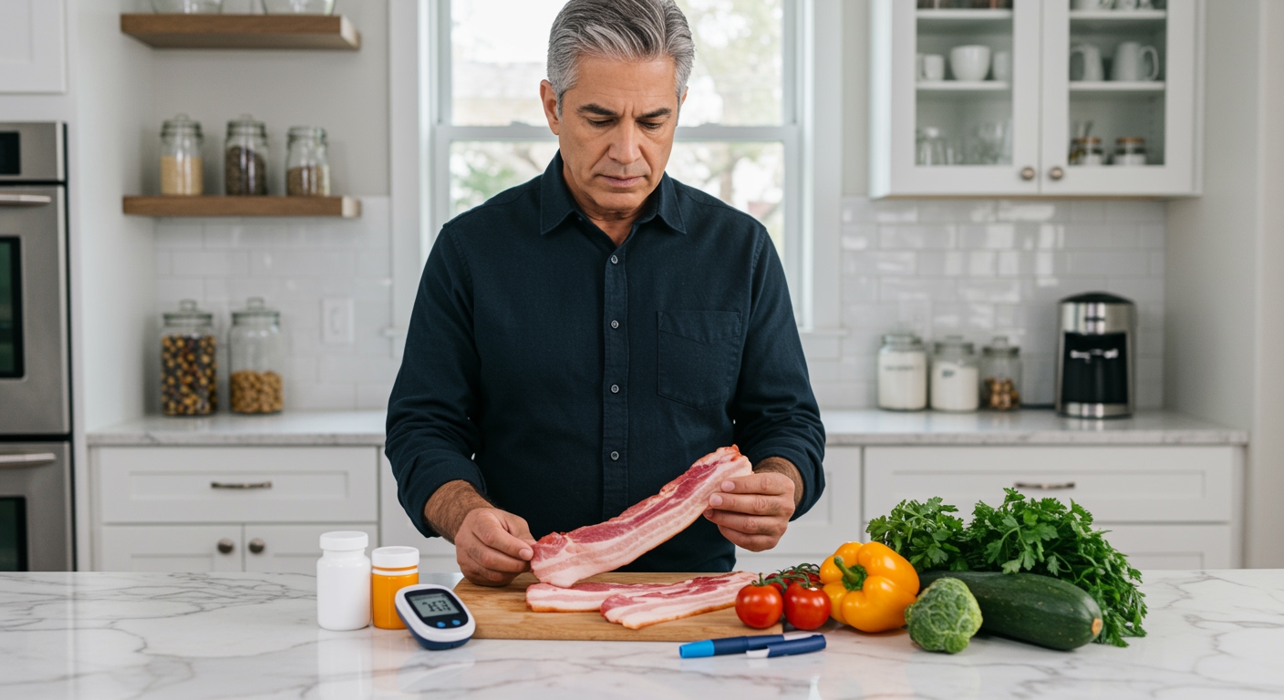 Middle-aged man holding bacon strips while standing behind marble countertop with blood glucose meter and diabetes supplies