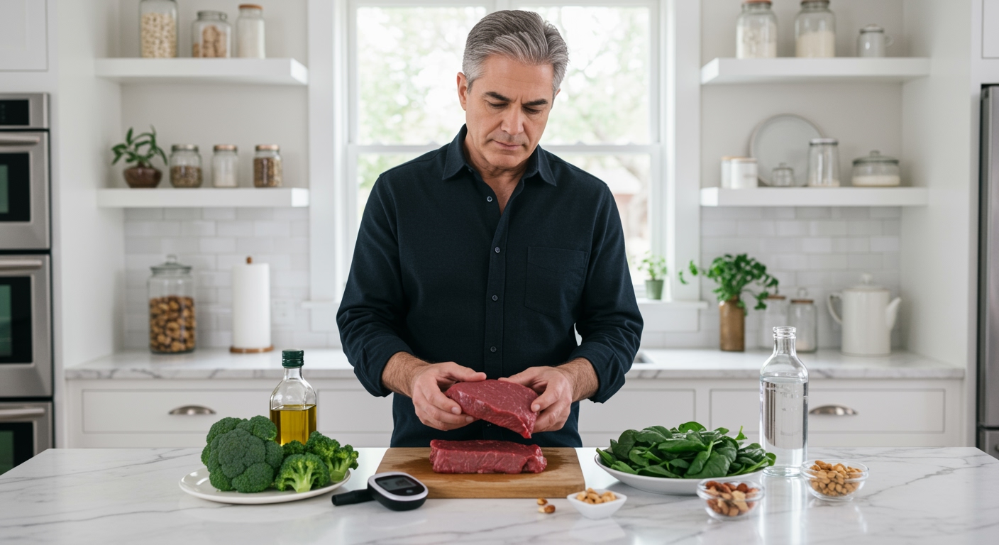Middle-aged man in dark shirt examining raw beef on marble countertop with blood glucose meter and healthy foods visible