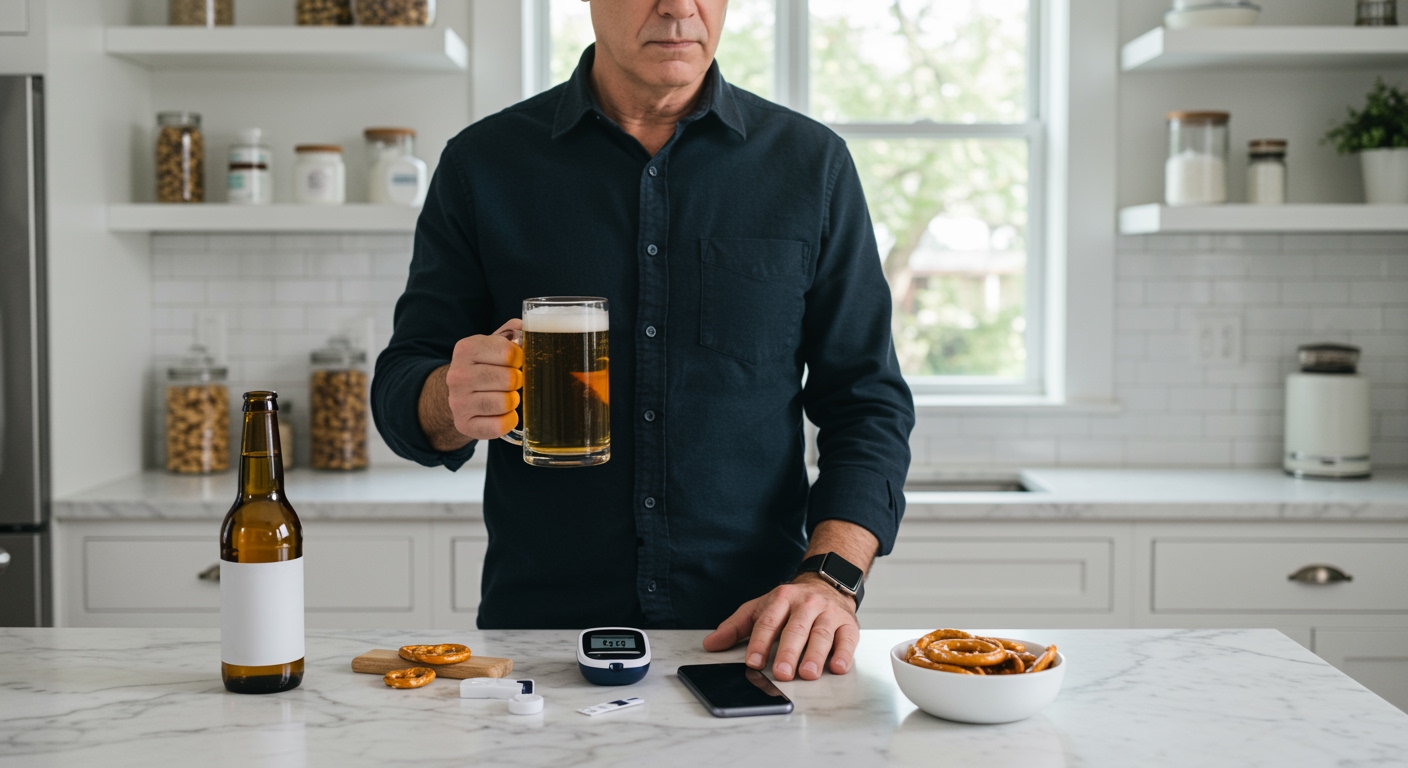 Middle-aged man holding beer glass while standing behind marble counter with blood glucose meter and testing supplies