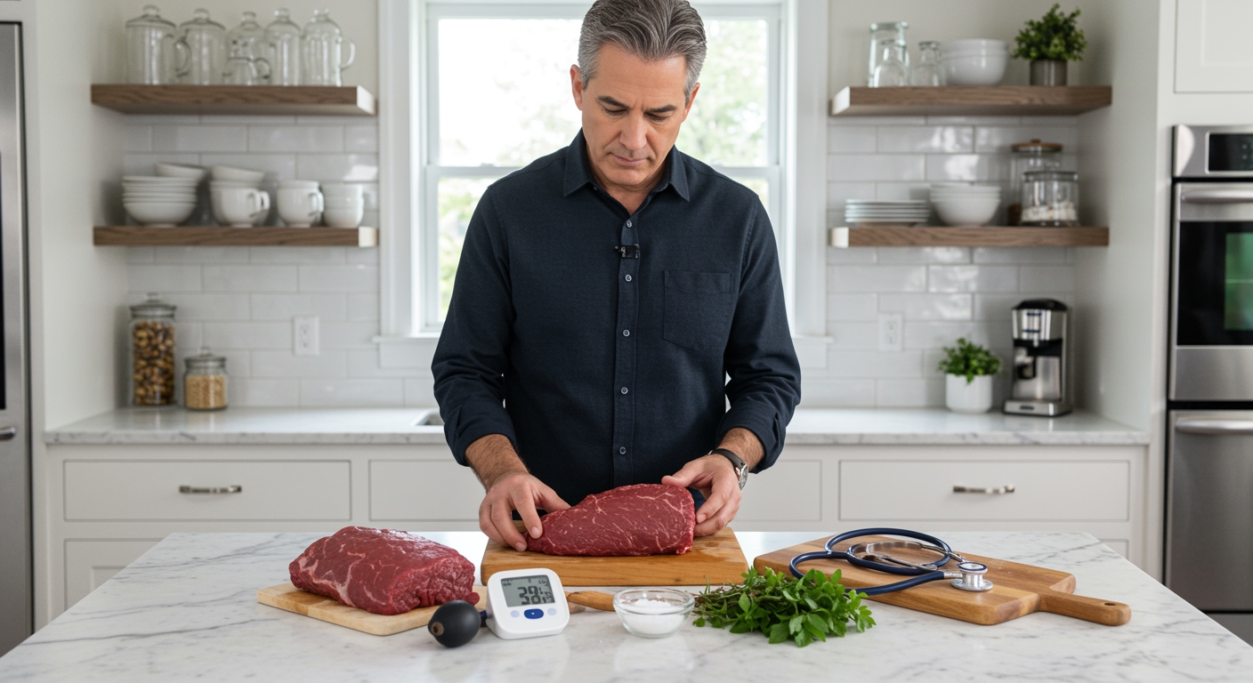 Middle-aged man examining raw bison meat on white marble countertop with blood pressure monitor and herbs visible