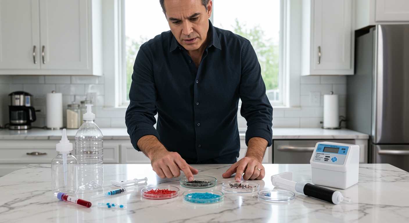Middle-aged man in dark shirt examining medical equipment and plastic samples on white marble countertop in modern kitchen