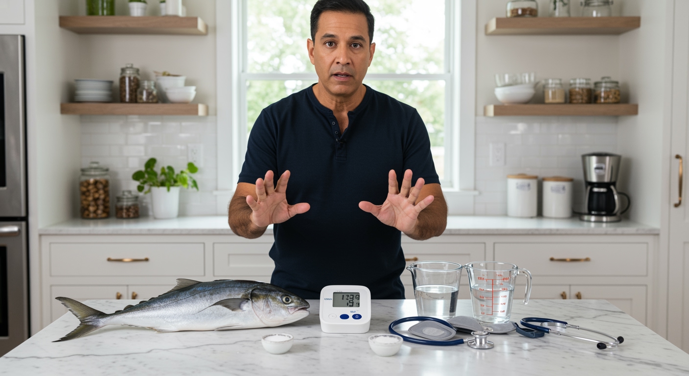 Middle-aged man pointing at blood pressure monitor with fresh amberjack fish and health items on white marble countertop