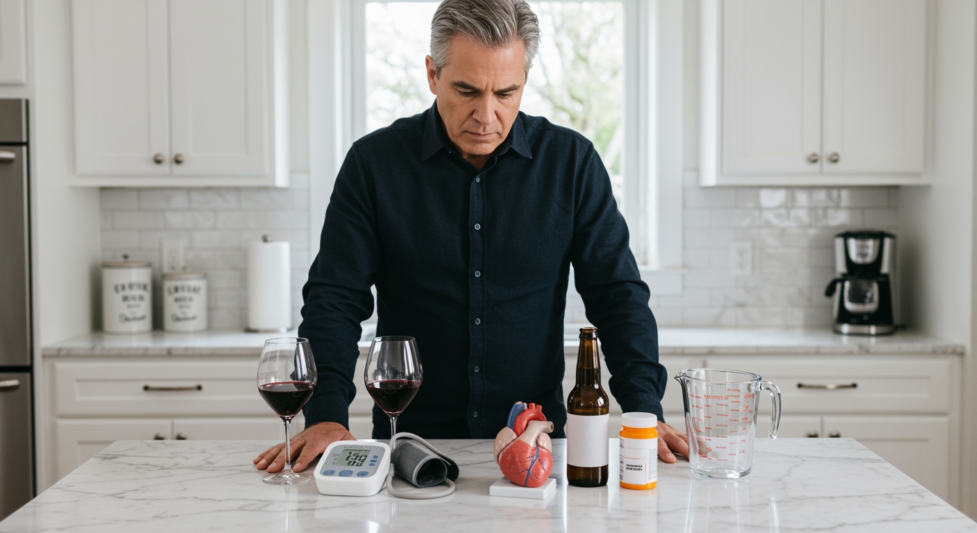 Middle-aged man standing behind marble counter examining blood pressure monitor with wine glass, beer bottle, and heart model