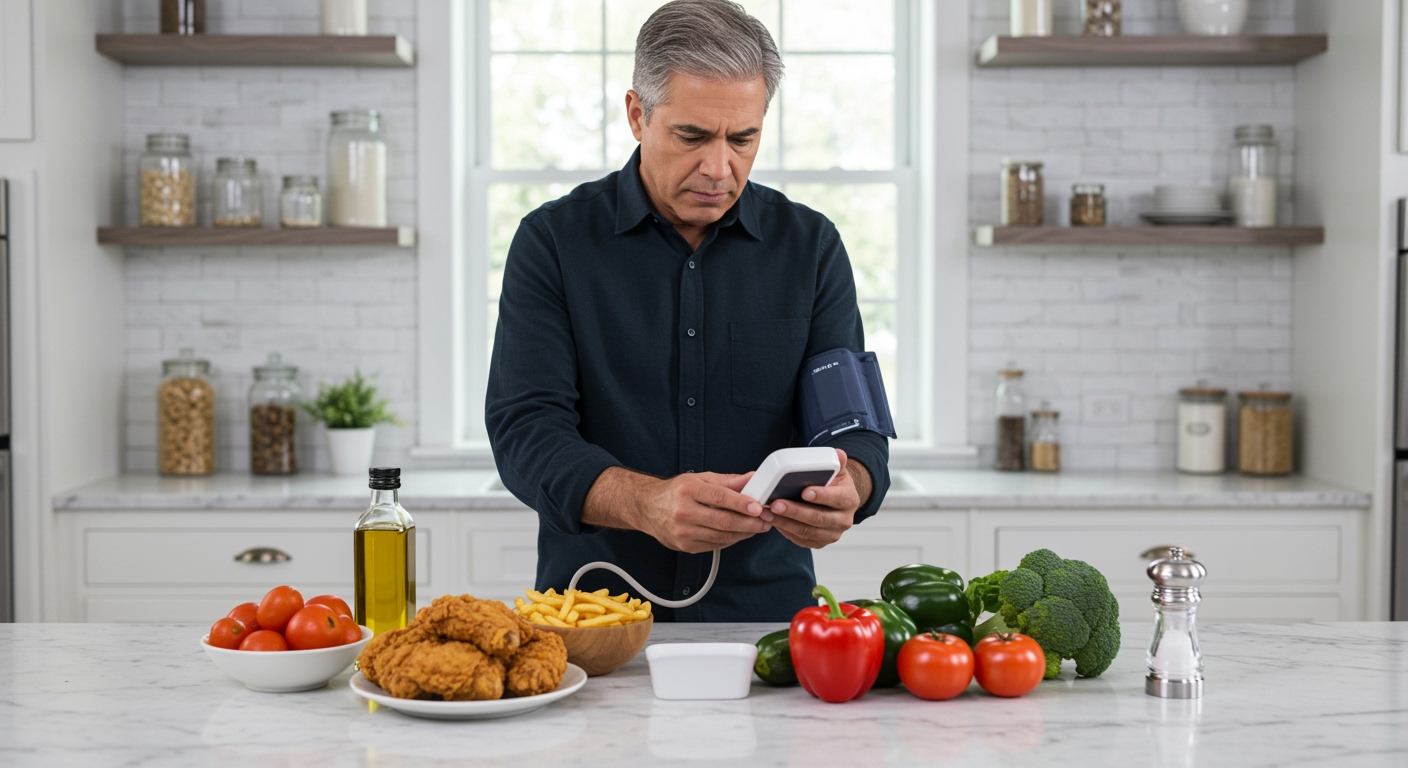 Middle-aged man examining blood pressure monitor behind marble counter with fried foods, vegetables, and health items arranged