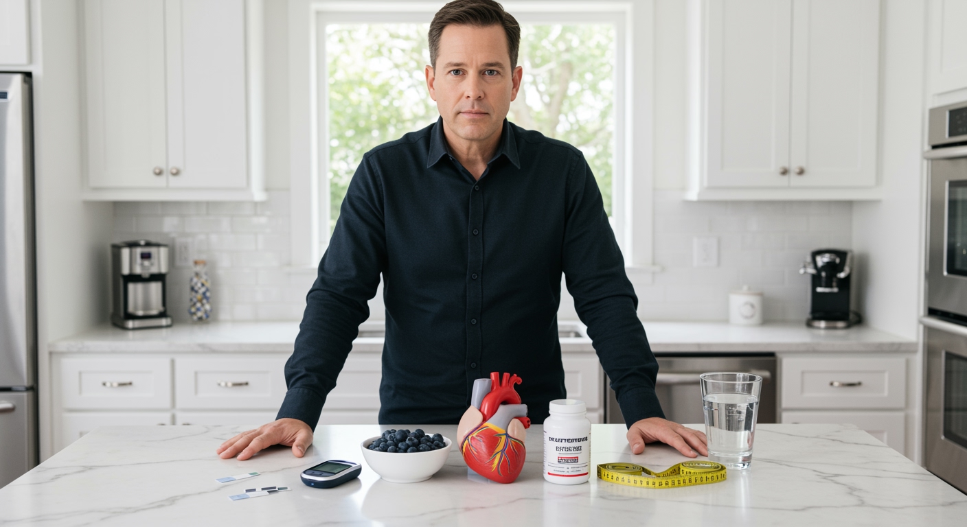 Middle-aged man standing behind marble countertop with blood glucose meter and health items in modern kitchen