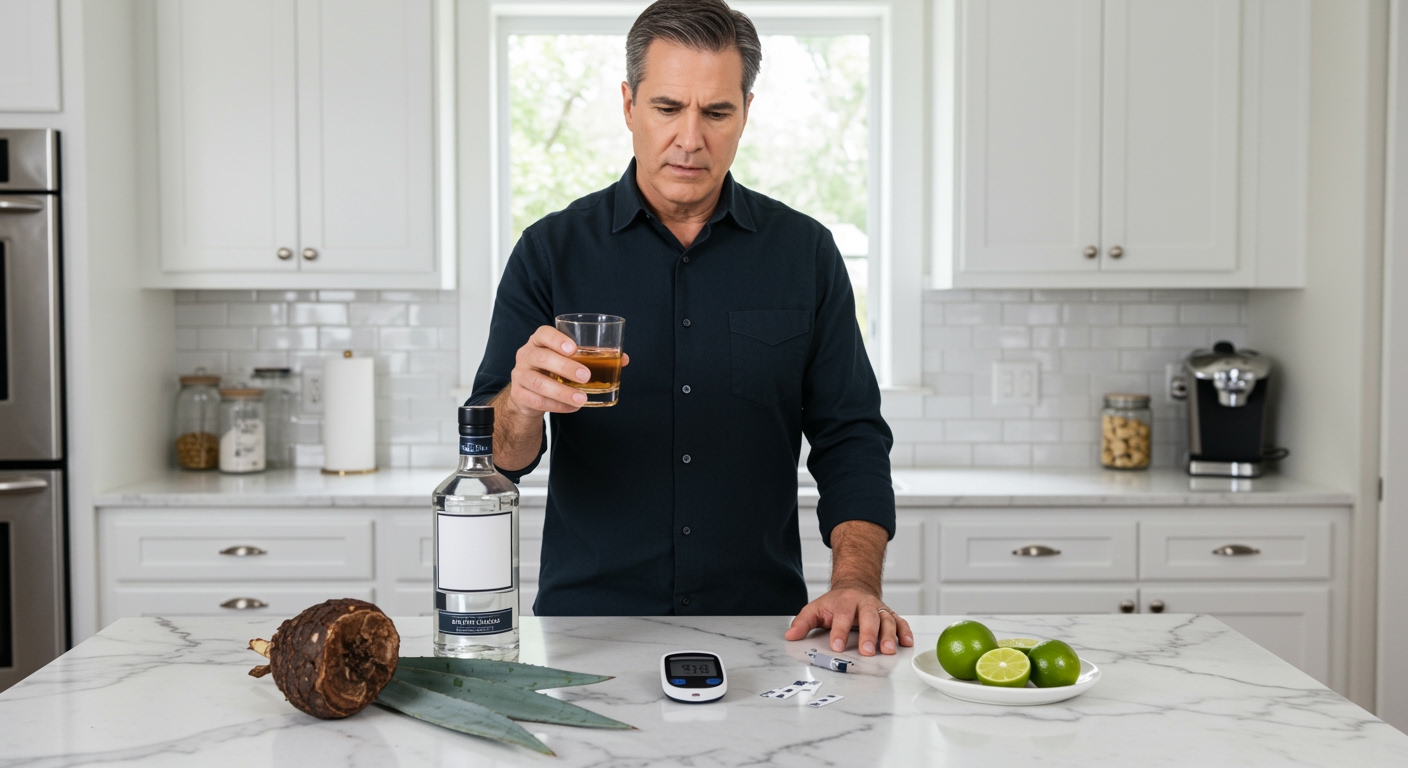 Middle-aged man holding tequila glass while examining blood glucose meter on marble counter with agave leaves and testing supplies