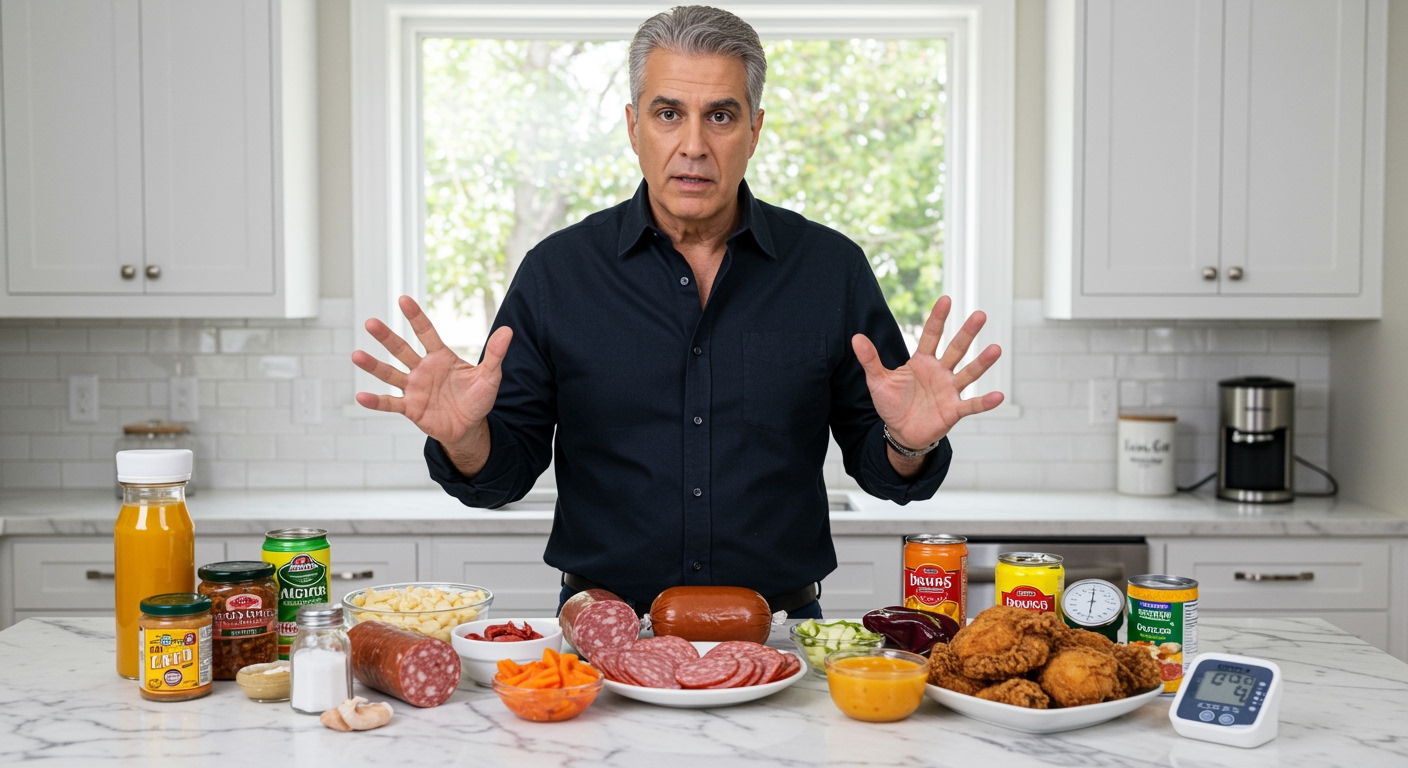 Middle-aged man pointing at various buffet foods on marble counter with blood pressure monitor and kitchen background