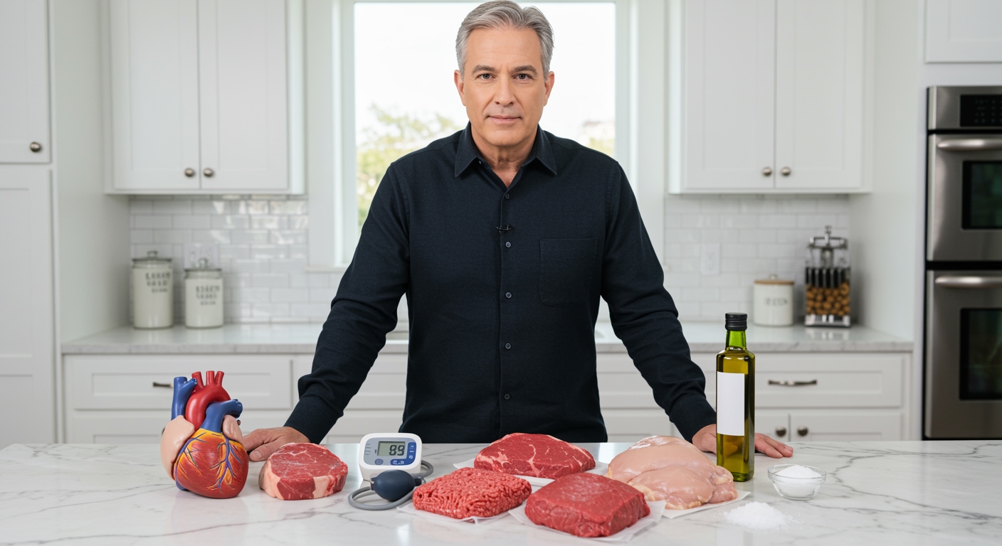 Middle-aged man standing behind marble counter with raw meat cuts, blood pressure monitor, and heart model in modern kitchen