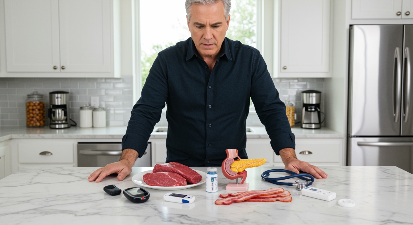 Middle-aged man examining raw meat, glucose meter, and diabetes tools on white marble kitchen counter