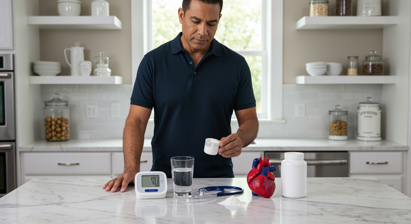 Middle-aged man standing behind marble counter examining creatine powder and blood pressure monitor in bright modern kitchen