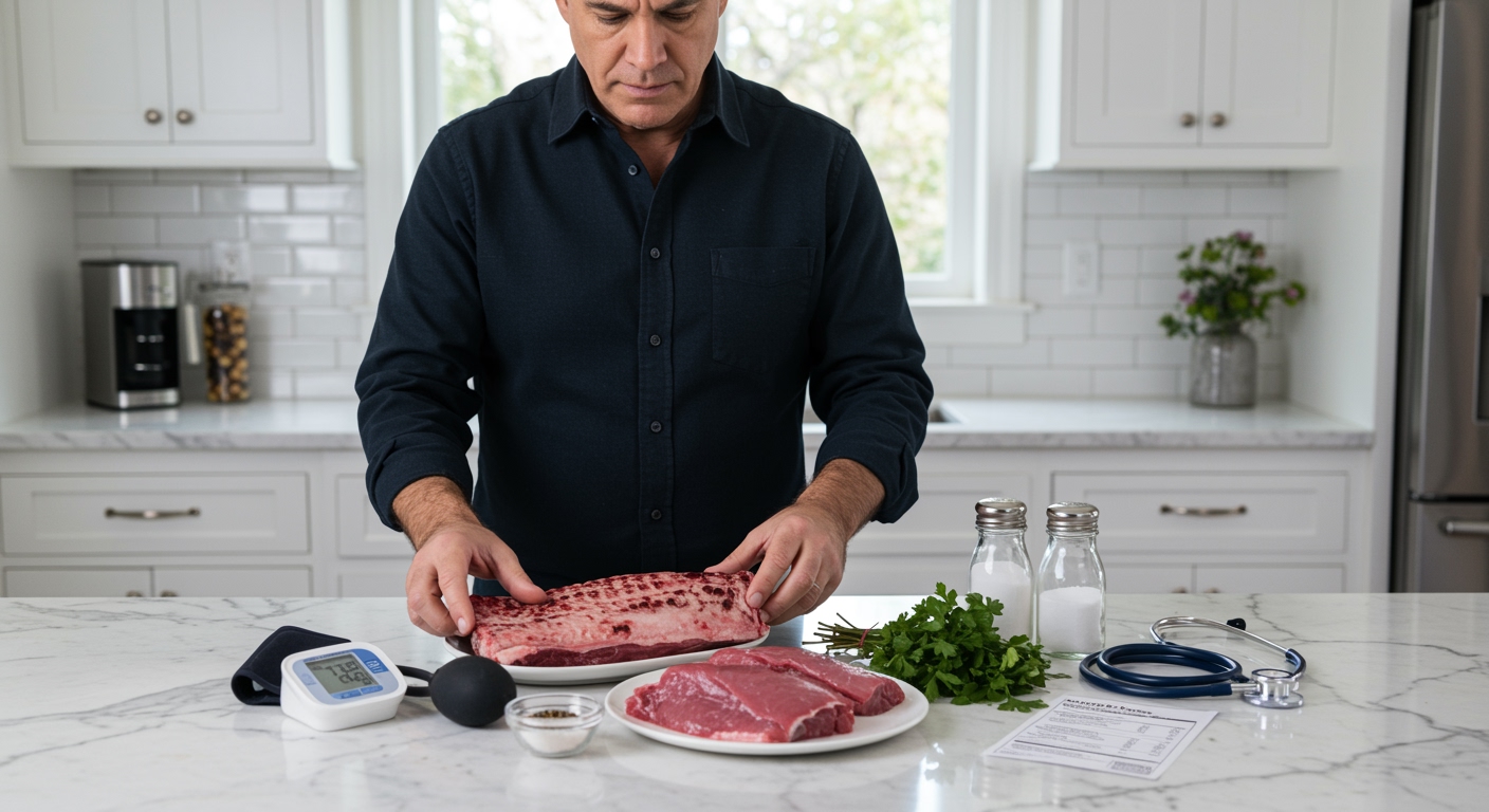 Middle-aged man examining raw crocodile meat on white plate with blood pressure monitor and medical items on marble countertop