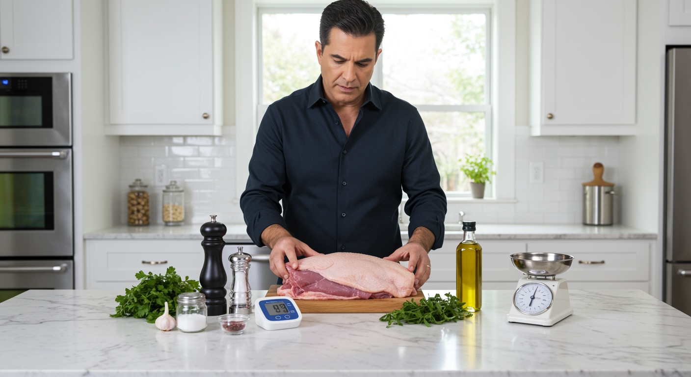 Middle-aged man examining raw duck breast on marble counter with blood pressure monitor and cooking ingredients visible
