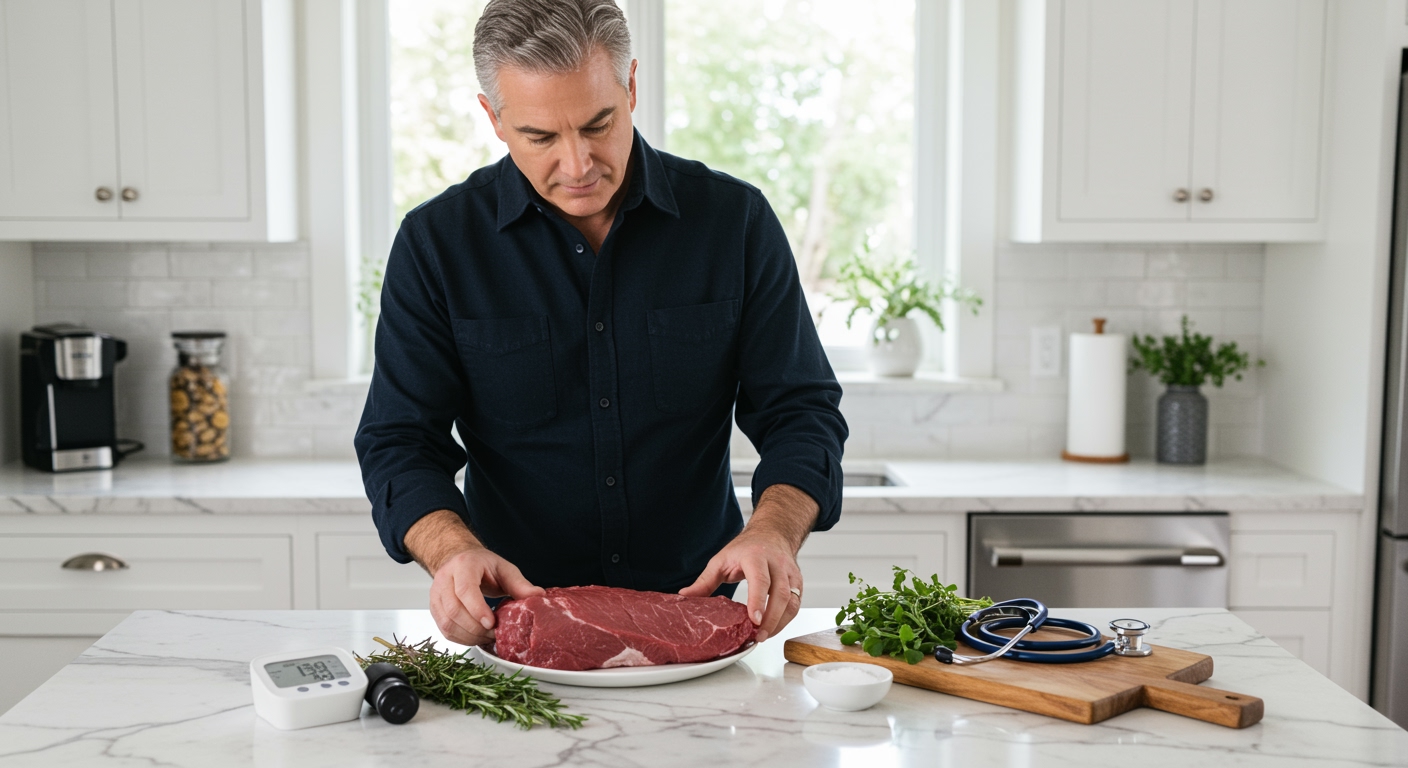 Middle-aged man examining raw elk meat on marble countertop with blood pressure monitor and herbs in modern kitchen