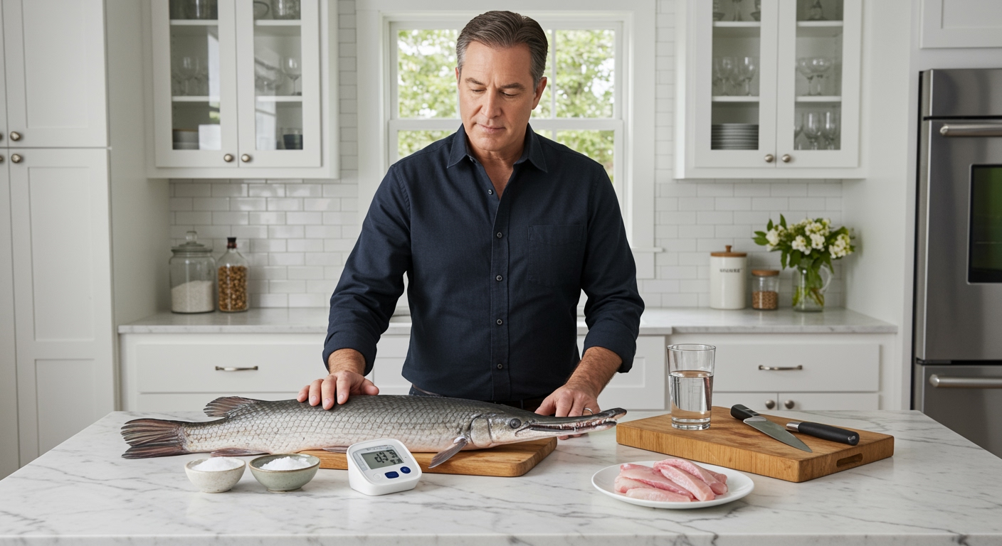 Middle-aged man standing behind marble counter with gar fish, blood pressure monitor, and cooking utensils in bright modern kitchen