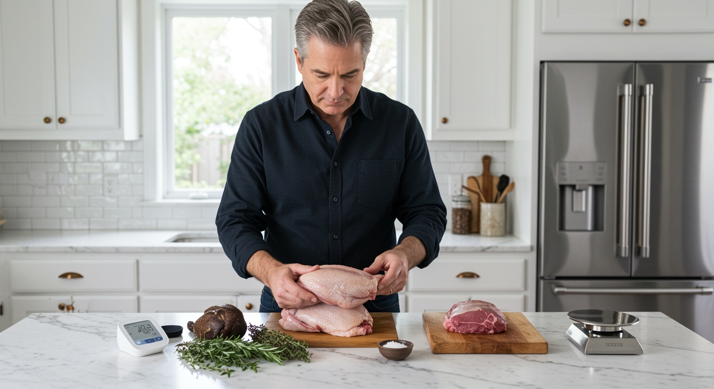 Middle-aged man examining raw grouse meat on marble countertop with blood pressure monitor and cooking ingredients nearby