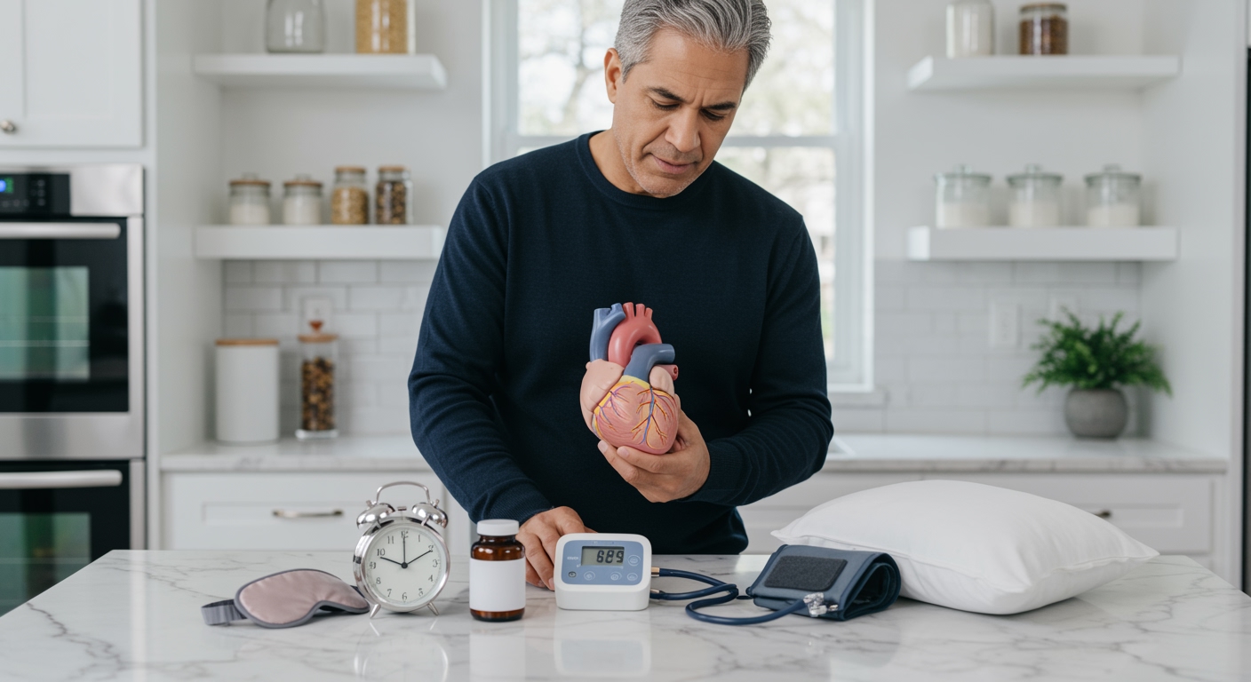 Middle-aged man holding heart model and blood pressure monitor on marble counter with sleep-related items in modern kitchen