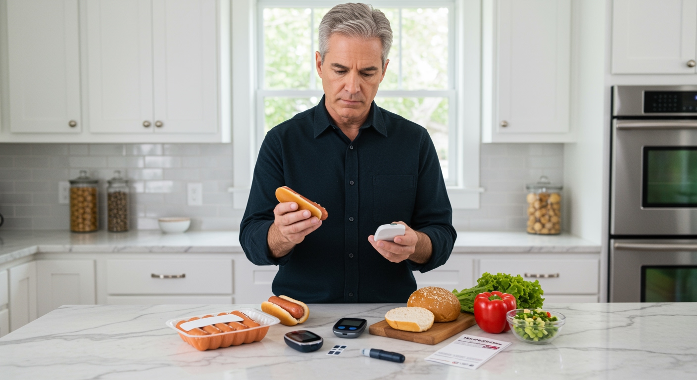 Middle-aged man holding hot dog and glucose meter at kitchen counter with diabetes monitoring supplies and food items visible