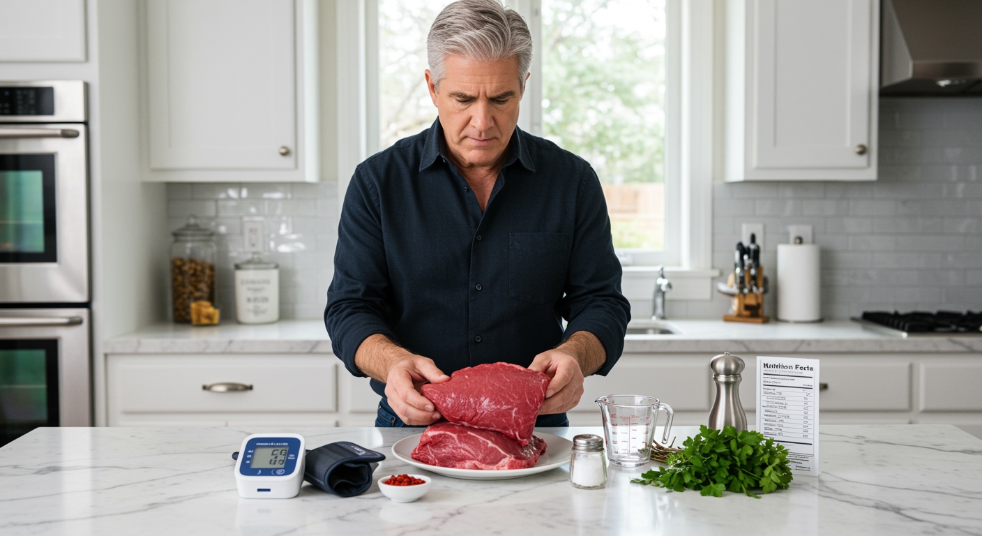 Middle-aged man examining raw kangaroo meat on white plate with blood pressure monitor and herbs on marble countertop