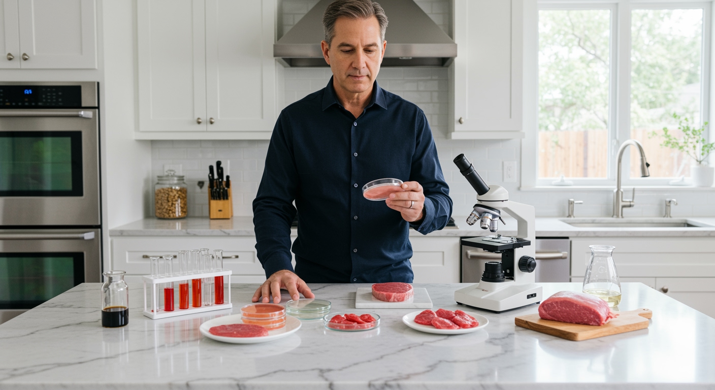 Man in navy shirt examining petri dishes and lab equipment on white marble counter in bright modern kitchen