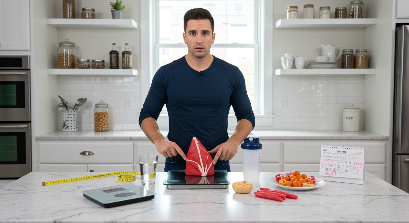 Man standing behind marble counter pointing at muscle tissue model with body scale, water glass, small meal plate, protein bottle, and calendar visible