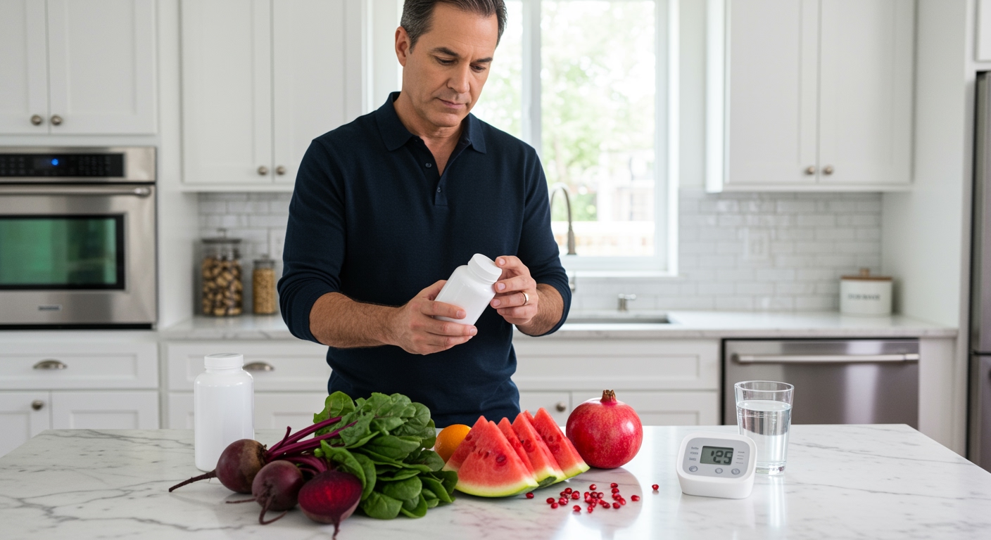 Middle-aged man holding supplement bottle while standing behind marble counter with blood pressure monitor and nitrate-rich foods