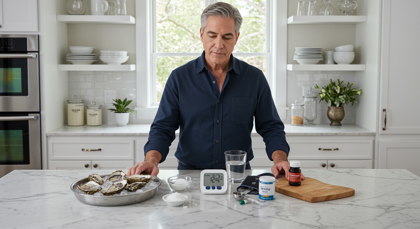 Middle-aged man holding oyster shell standing behind marble counter with blood pressure monitor and fresh oysters in modern kitchen