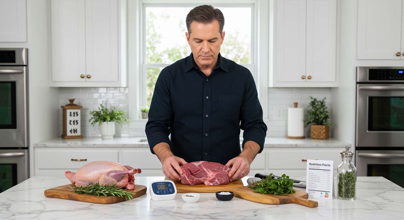 Middle-aged man examining raw pheasant meat on marble counter with blood pressure monitor and cooking ingredients nearby
