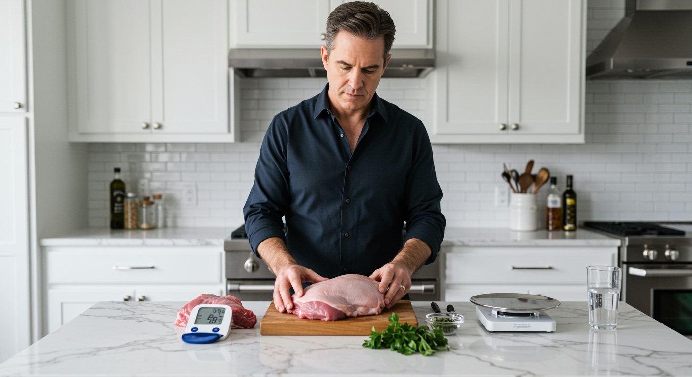 Middle-aged man examining raw pigeon meat on white marble countertop with blood pressure monitor and cooking items visible
