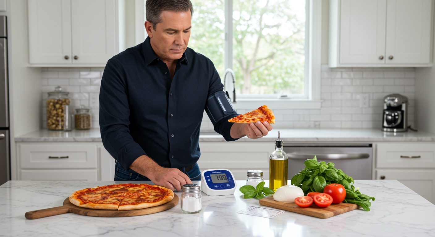Middle-aged man holding pizza slice while standing behind marble counter with blood pressure monitor and various pizza ingredients