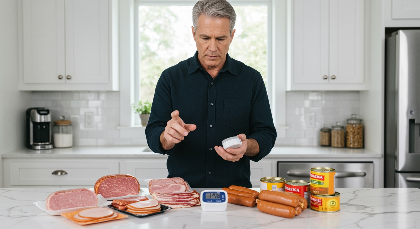 Middle-aged man in dark shirt examining processed meat products on marble counter while holding blood pressure monitor