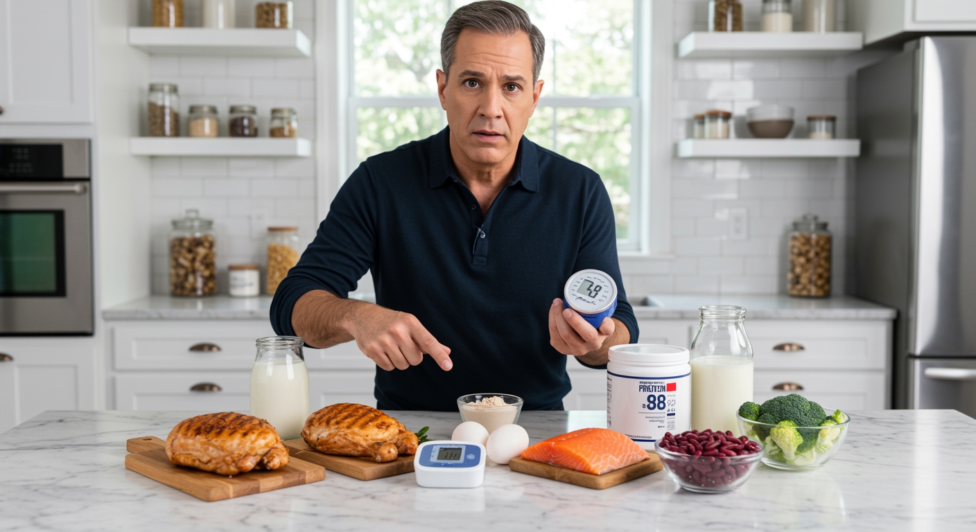 Middle-aged man holding blood pressure monitor while pointing to protein foods on marble countertop in modern kitchen