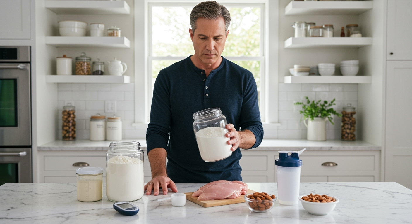 Middle-aged man in dark blue shirt examining protein powder container with glucose meter, chicken breast, and almonds on marble counter