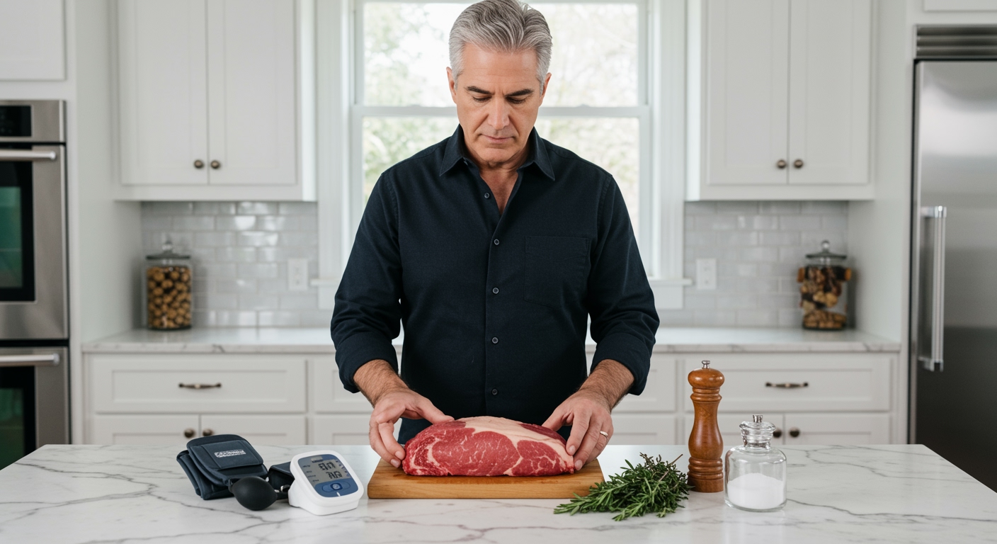 Middle-aged man examining raw steak on marble countertop with blood pressure monitor and seasonings in modern kitchen