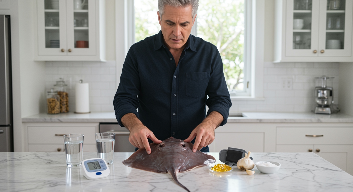 Middle-aged man pointing at ray fish fillet with blood pressure monitor and supplements on white marble countertop