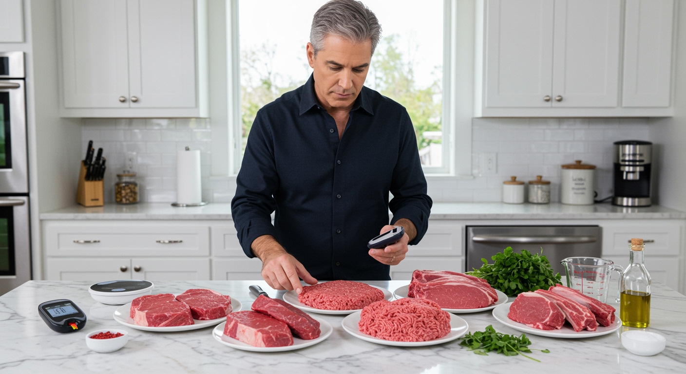 Middle-aged man in dark shirt examining raw red meat cuts on white plates while holding blood glucose meter in modern kitchen