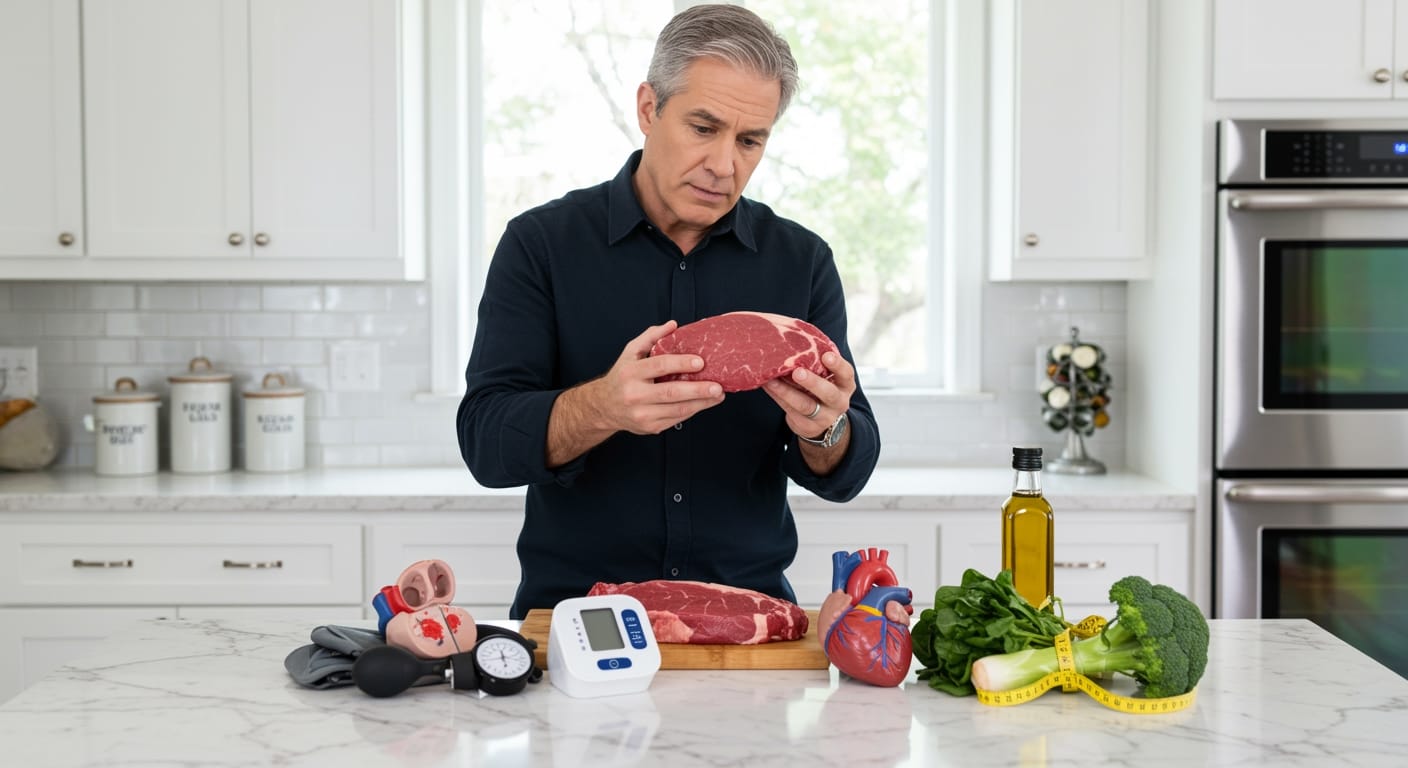 Middle-aged man in dark shirt examining raw red meat on marble countertop with blood pressure monitor and vegetables nearby