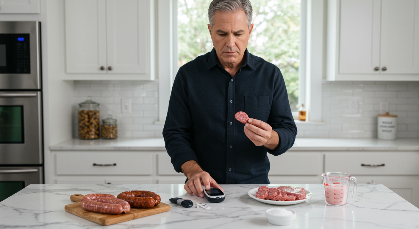 Middle-aged man holding sausage and blood glucose meter on marble counter with processed meat products in modern kitchen