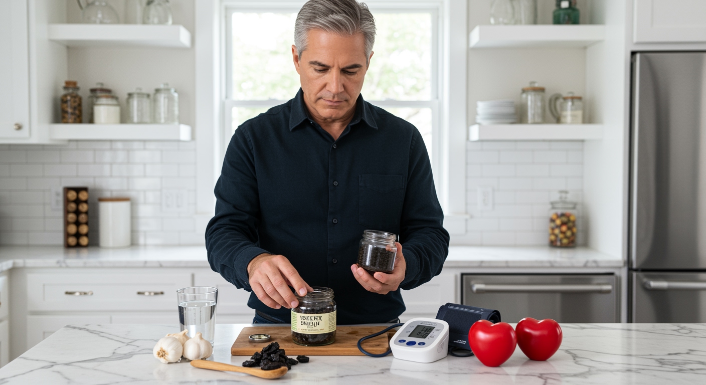 Middle-aged man in dark shirt examining shilajit jar and blood pressure monitor on white marble countertop in modern kitchen
