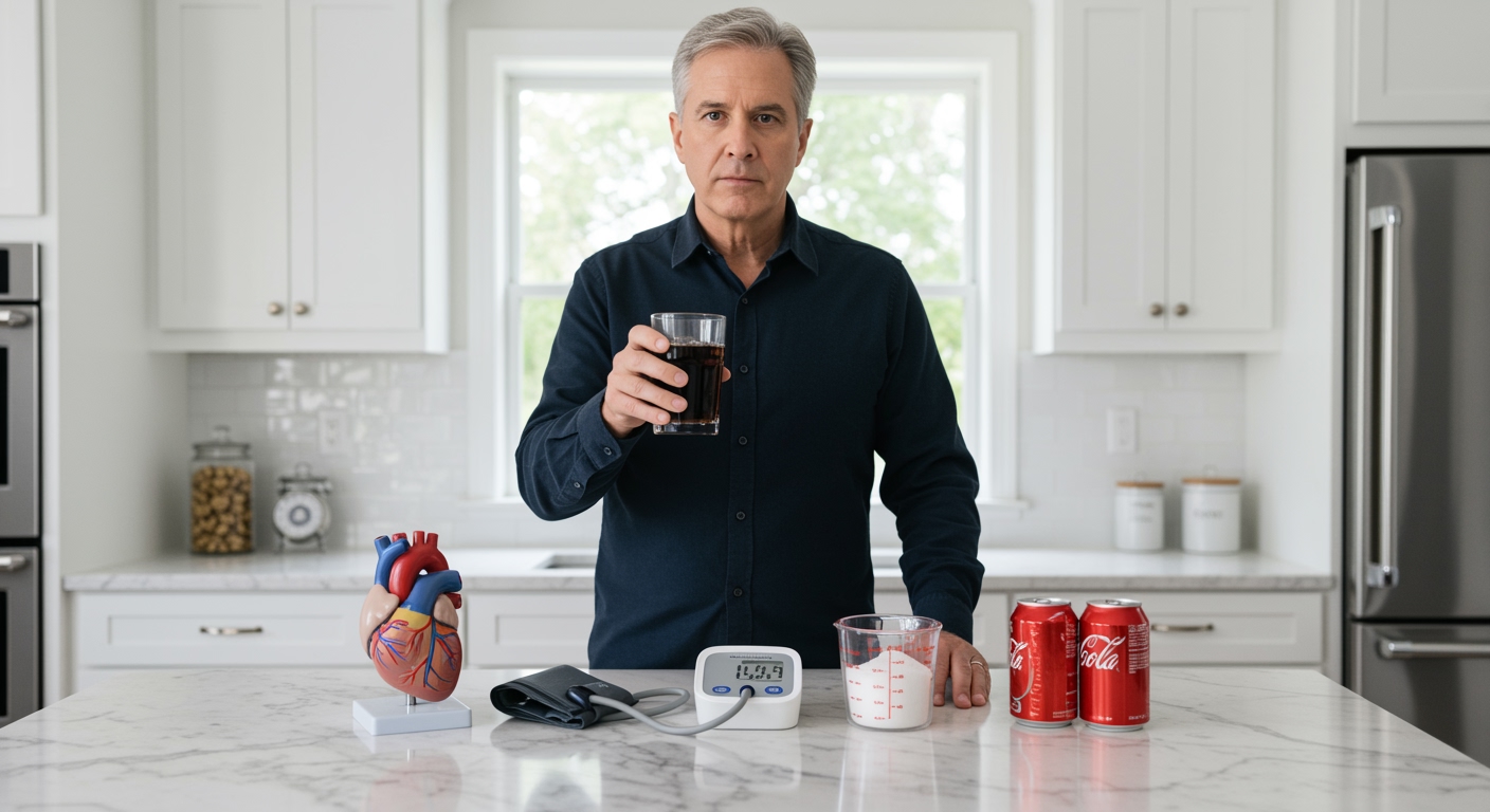 Middle-aged man holding cola glass next to blood pressure monitor on marble counter with heart model and sugar