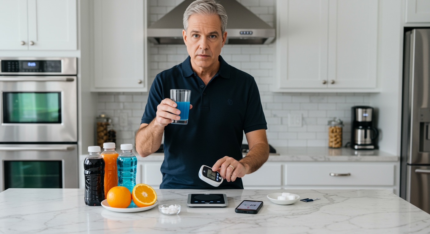 Middle-aged man holding blue sports drink while standing behind marble counter with glucose meter and various bottles
