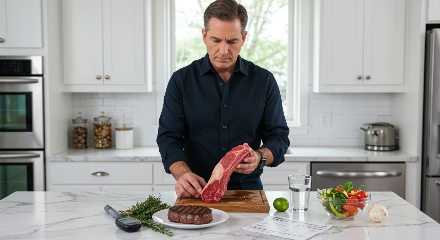 Middle-aged man examining raw steak on marble countertop with glucose meter and healthy foods in modern kitchen