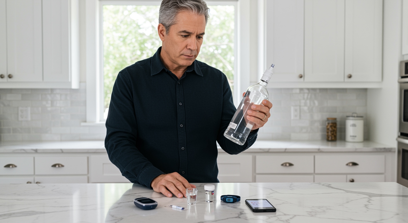 Middle-aged man holding vodka bottle while standing behind marble counter with blood glucose meter and diabetes supplies